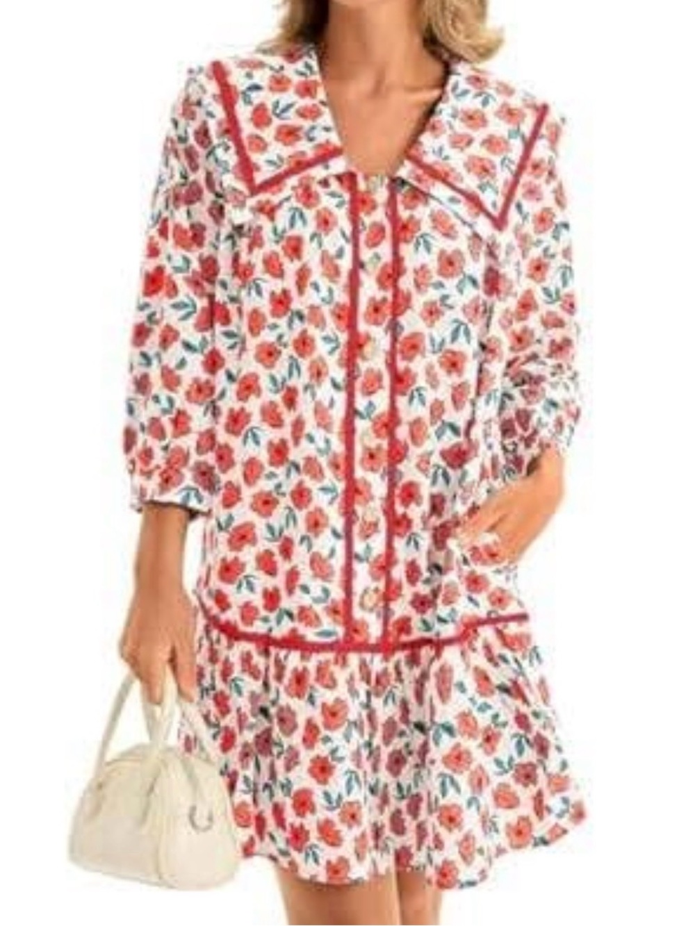 Floral Red & White Drop-Waist Dress with Contrast Piping